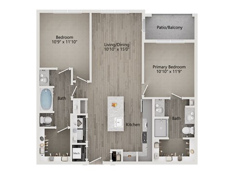 Floor plan for 2 beds, 2 baths, 1056 sqft